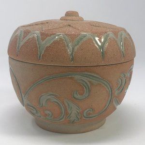 Covered Jar/Box Stone Ware Glace in the inside and Bisque with Glace designs in